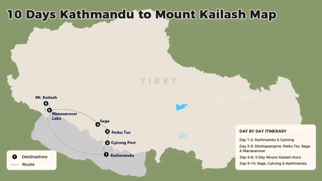 Route map for 10 days Kathmandu to Mount Kailash tour