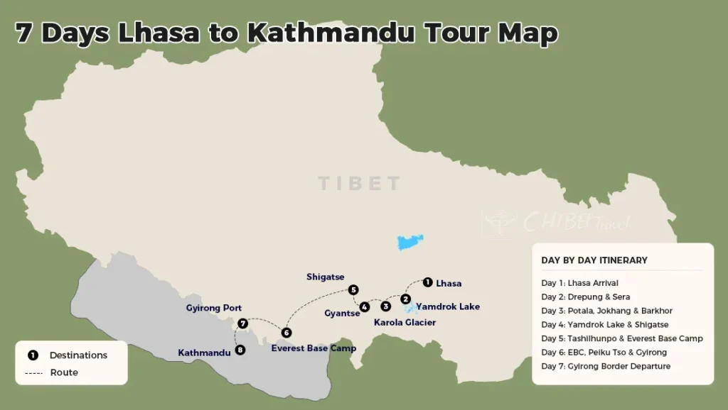 Route map for 7 days Lhasa to Kathmandu overland tour
