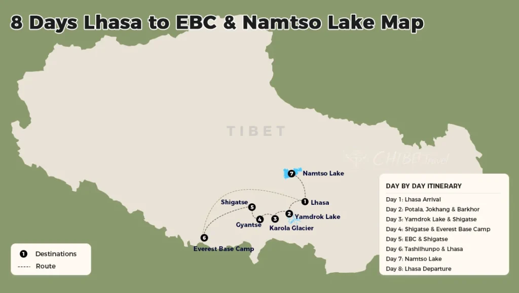Route map for 8-day Lhasa to Everest Base Camp and Namtso Lake tour