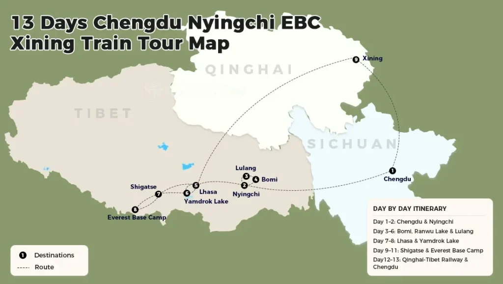 Route map for 13-day Chengdu Nyingchi peach blossom EBC Xining train tour