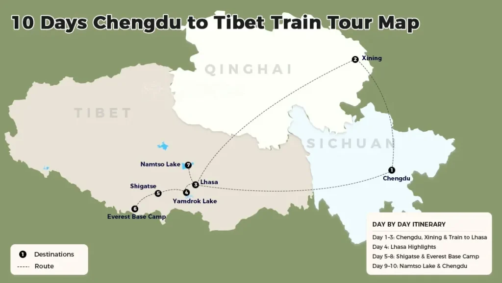 Route map for 10 days Chengdu to Tibet train tour via Lhasa Yamdrok Everest Namtso