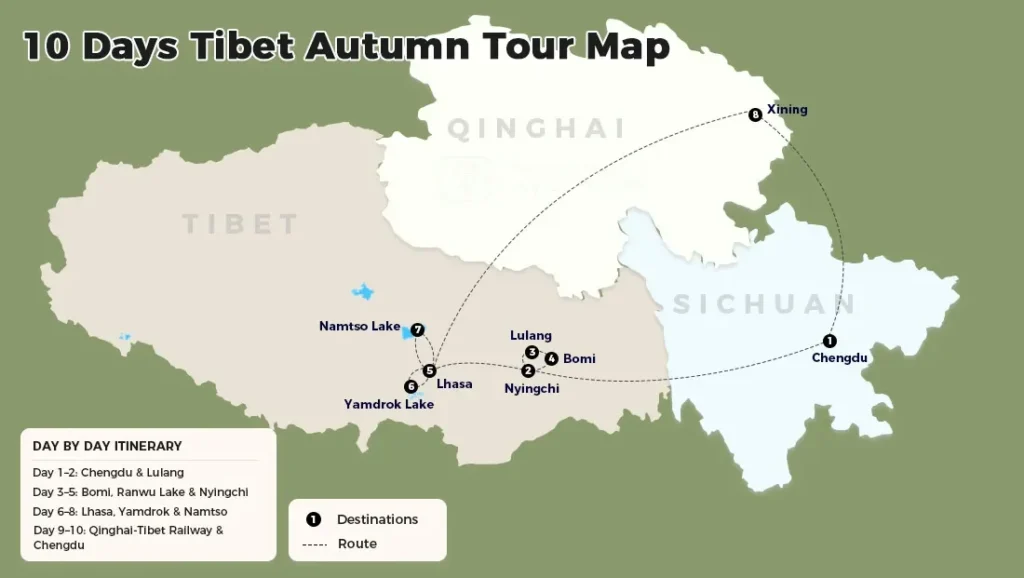 Route map for 10 days Tibet autumn tour via Lulang Midui Rangchu glaciers
