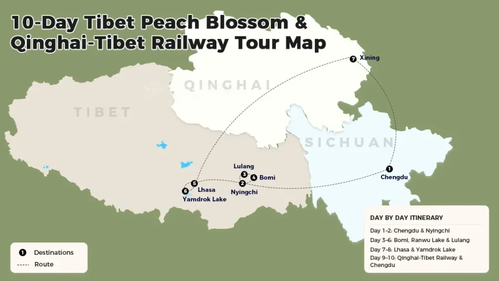 Route map for 10 days Tibet peach blossom tour via Nyingchi Lhasa Yamdrok