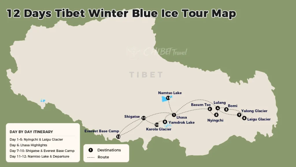 Route map for 12 days Tibet winter blue ice tour via Laigu Yalong EBC Namtso