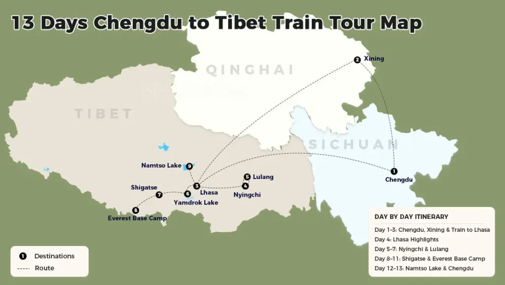 Route map for 13 days Chengdu to Tibet train tour via Lhasa Nyingchi Yamdrok Everest Namtso
