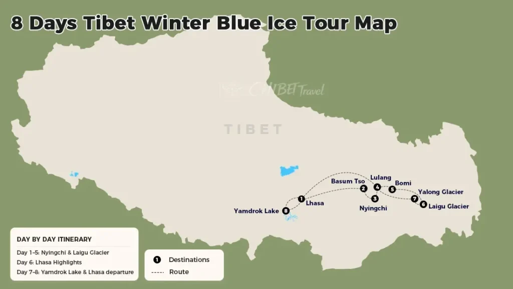 Route map for 8 days Tibet winter blue ice tour via Laigu Yalong Yamdrok