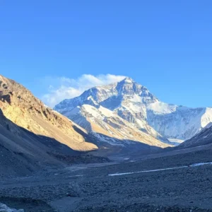 Golden sunrise light on Mount Everest from Tibet base camp area