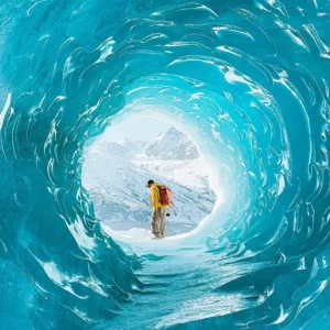 Interior of a blue ice cave at Laigu Glacier in winter Tibet