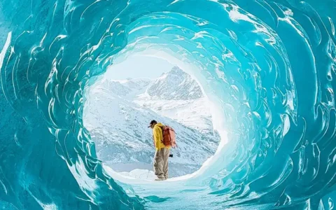 Interior of a blue ice cave at Laigu Glacier in winter Tibet