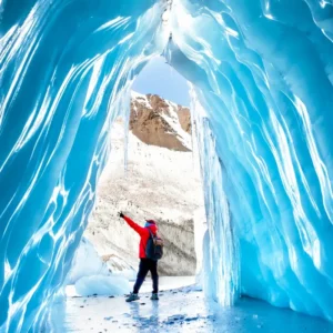 Blue ice formations at Laigu Glacier in winter Tibet