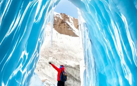 Blue ice formations at Laigu Glacier in winter Tibet