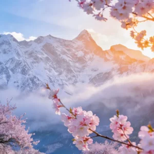 Peach blossoms blooming in Linzhi Nyingchi Tibet with mountain backdrop