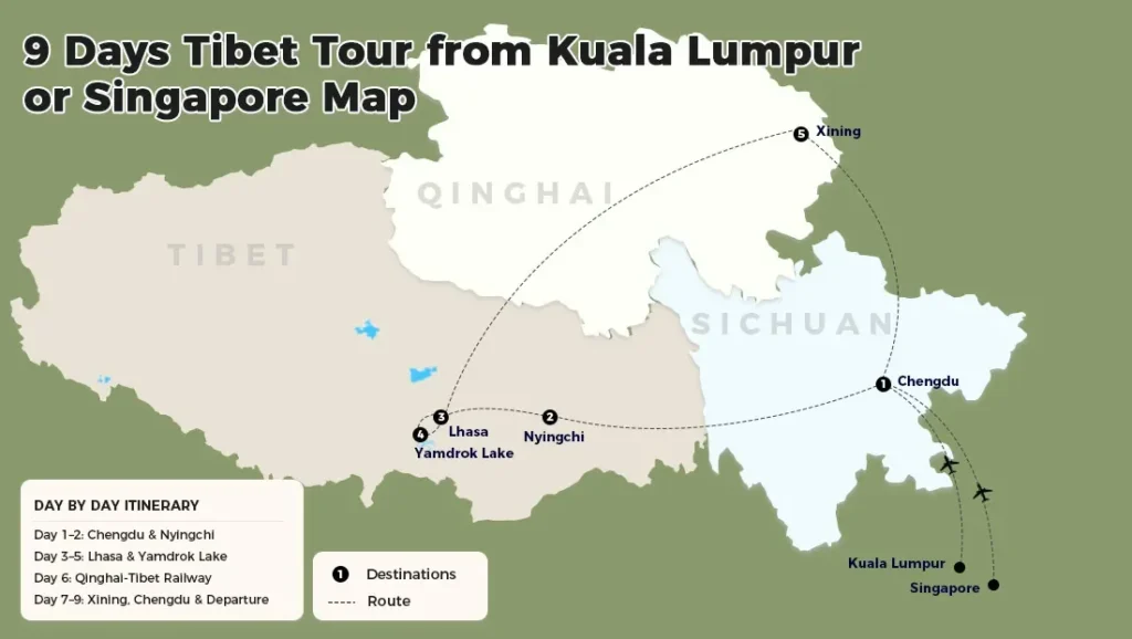 Route map for 9-day Tibet tour from Kuala Lumpur or Singapore via Chengdu Nyingchi Lhasa