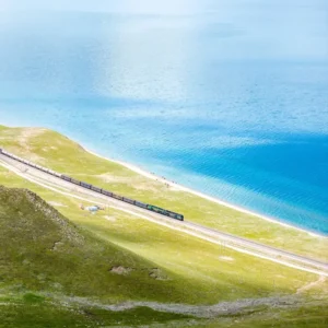 Train on the Qinghai-Tibet Railway crossing the high plateau