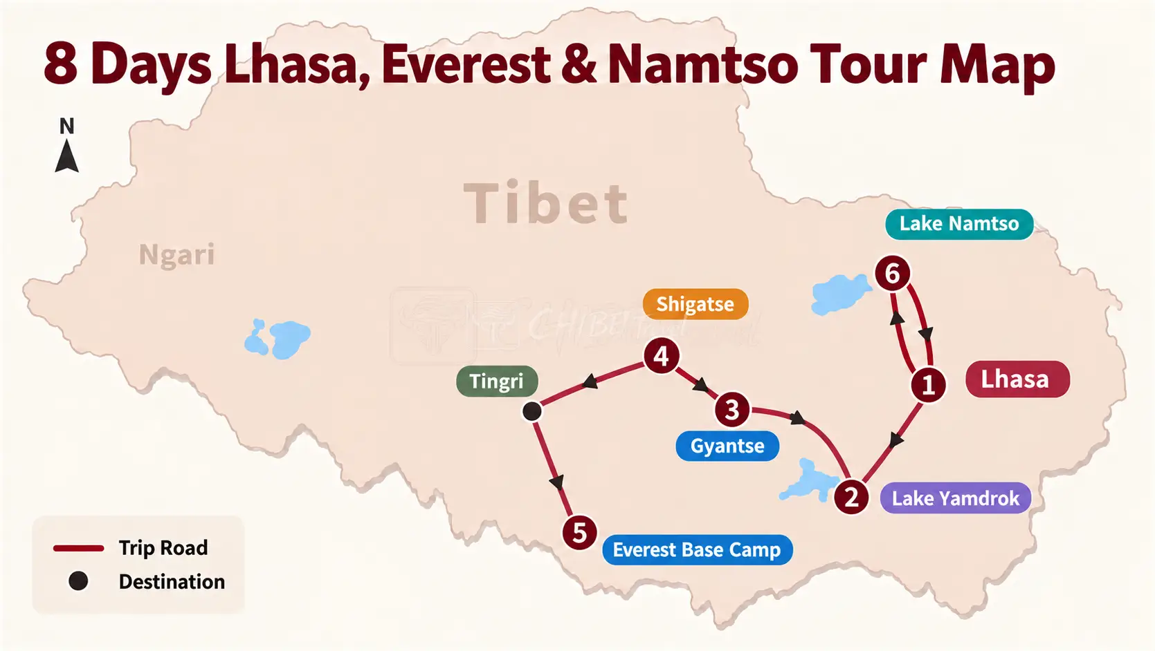 Standard tourist map of Tibet showing major destinations such as Lhasa, Yamdrok, Shigatse and Everest
