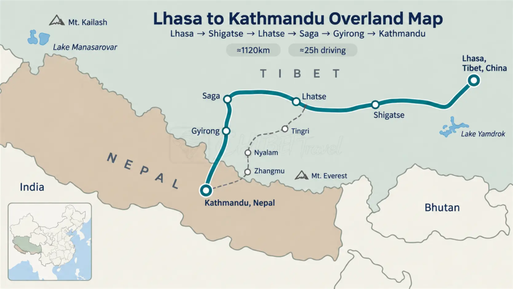 Lhasa to Kathmandu Overland Roue Map
