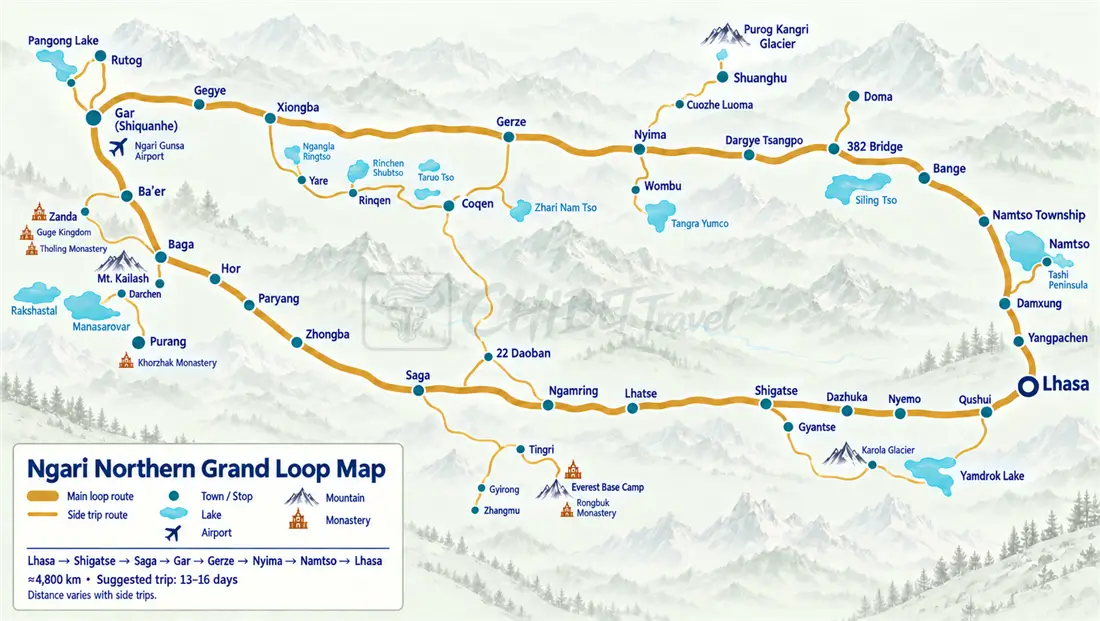 Ngari route map: the southern Kailash corridor, the northern Changtang route and the grand loop across western Tibet