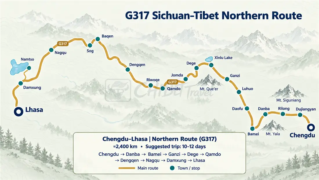 G317 Sichuan Tibet northern highway map from Chengdu to Nagqu via Ma'erkang, Ganzi, Dege and Chamdo