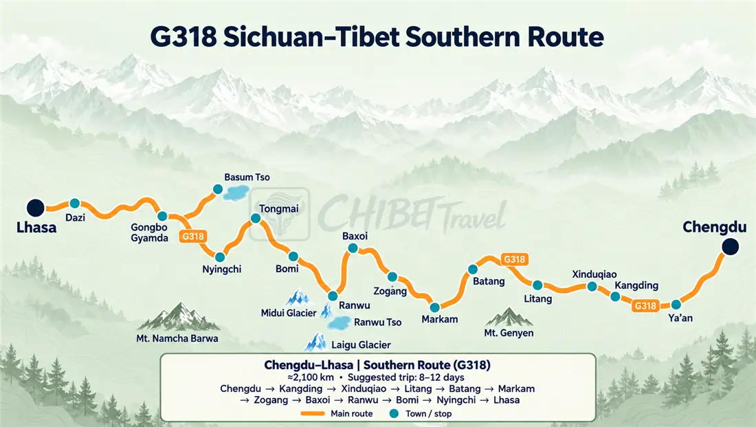 G318 Sichuan-Tibet highway map from Chengdu to Lhasa showing Kangding, Litang, Batang, Chamdo and the main passes
