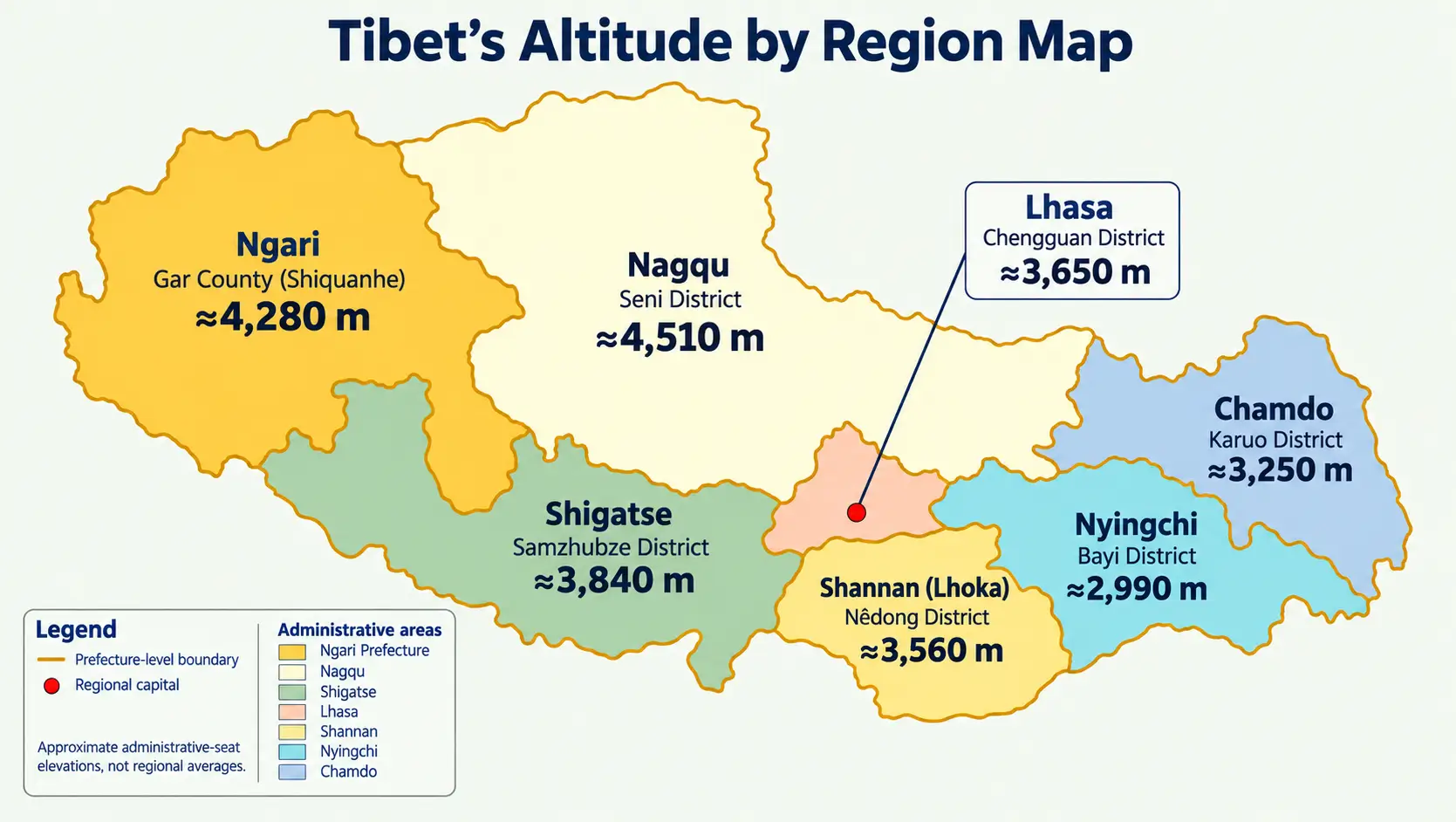 Altitude map of Tibet’s seven administrative seats, from Bayi in Nyingchi to Seni in Nagqu