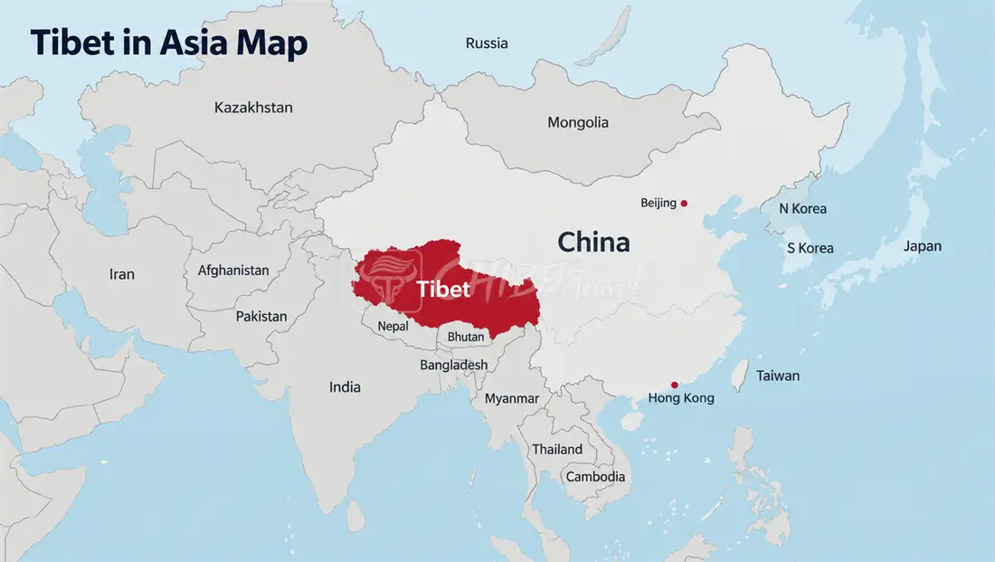 Map of Asia showing China and the countries bordering Tibet: India, Nepal, Bhutan and Myanmar