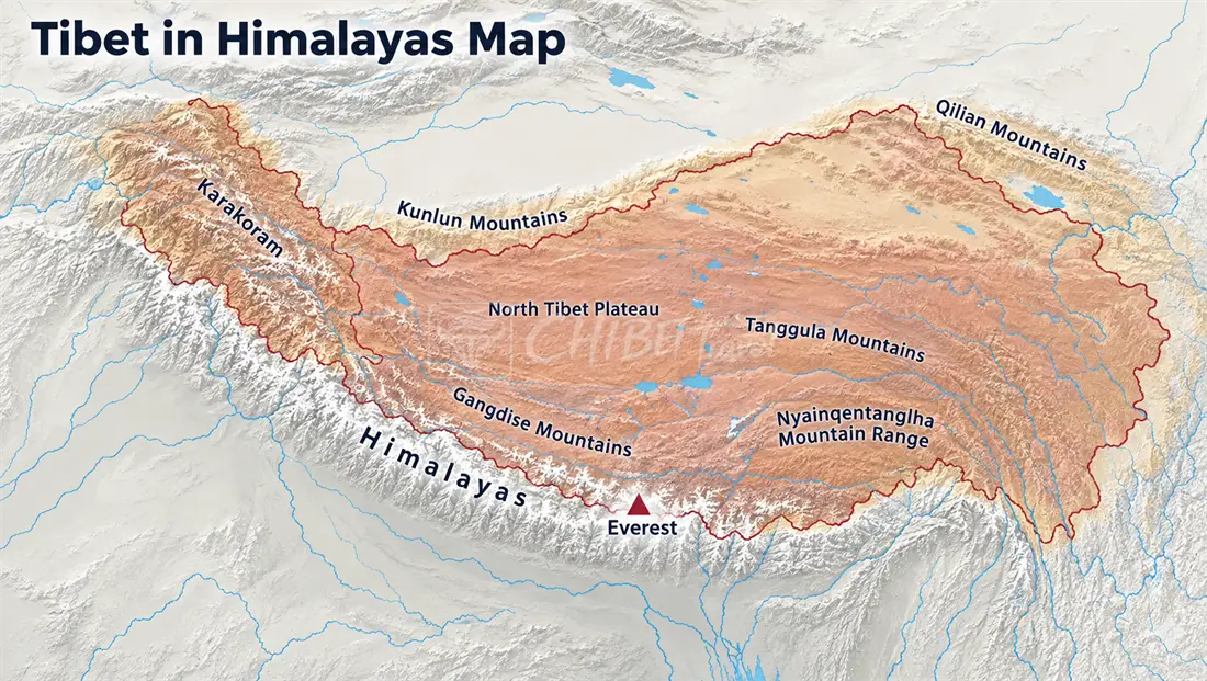 Terrain map of Tibet showing the Himalayas along the southern edge and the Kunlun Mountains along the northern edge