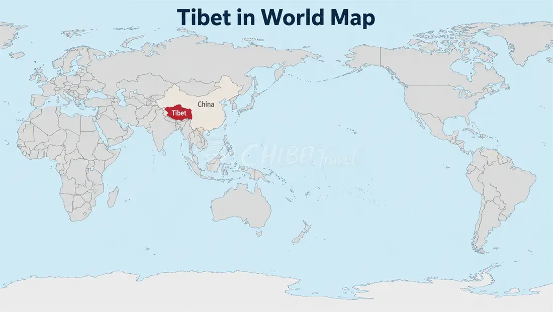 World map showing the location of Tibet in Asia between roughly 26 and 36 degrees north latitude