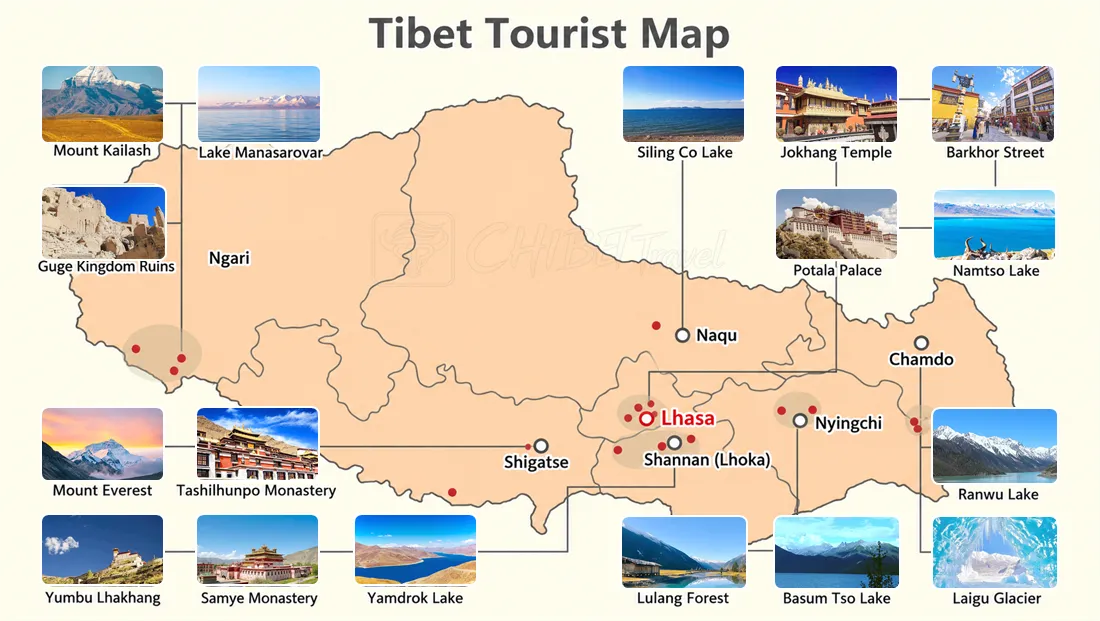 Tibet tourist map showing 17 major attractions grouped by classic travel routes