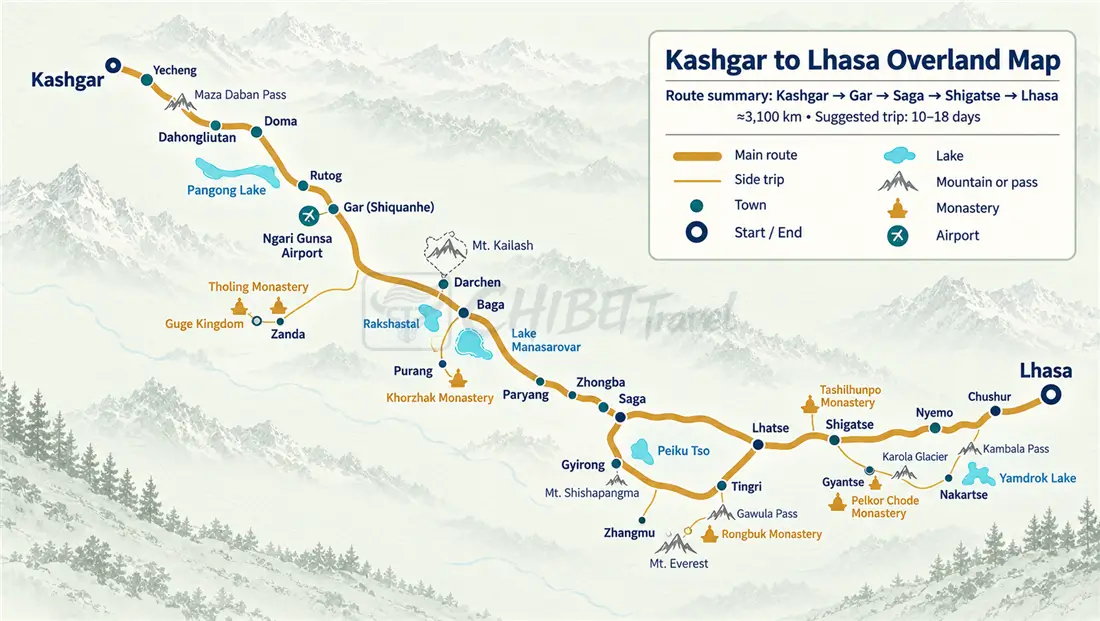 G219 Xinjiang Tibet highway map from Yecheng to Lhatse via Shiquanhe and Hongtu Daban