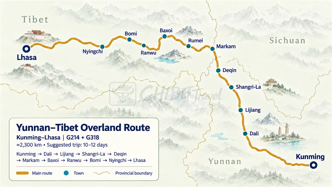 G214 Yunnan Tibet highway map from Kunming to Lhasa via Dali, Lijiang, Shangri-La, Deqin and Markam