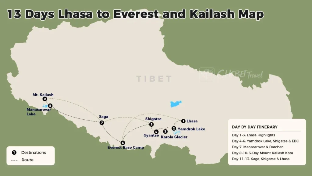 Route map for 13 days Lhasa Everest and Kailash tour