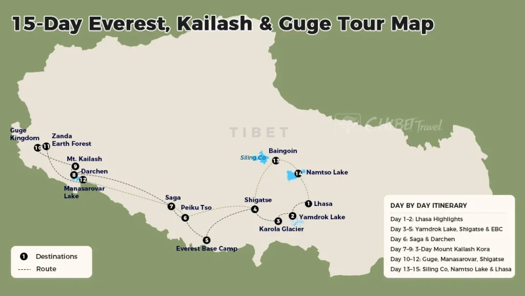 Route map for 15 days Everest Kailash and Guge tour