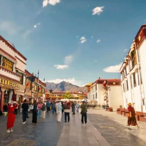 Pilgrims and shops on Barkhor Street in Lhasa